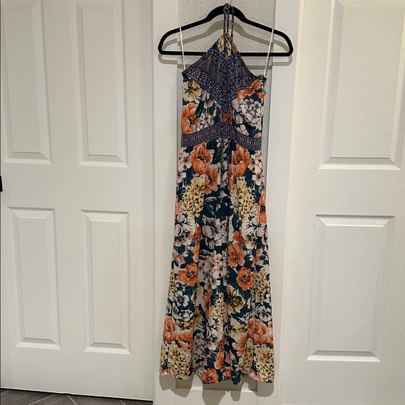 Jealous Tomato Floral Halter Jumpsuit with Blue and Orange Accents - Picture 2 of 6